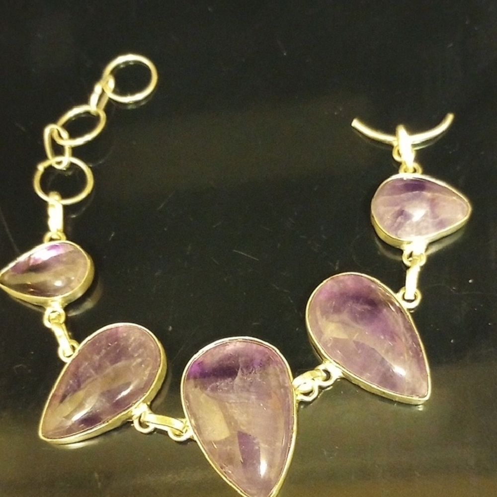 NATURAL GENUINE AMETHYST GEMSTONE & "'925'-SS" CHAIN LINK BRACELET - 9 inches